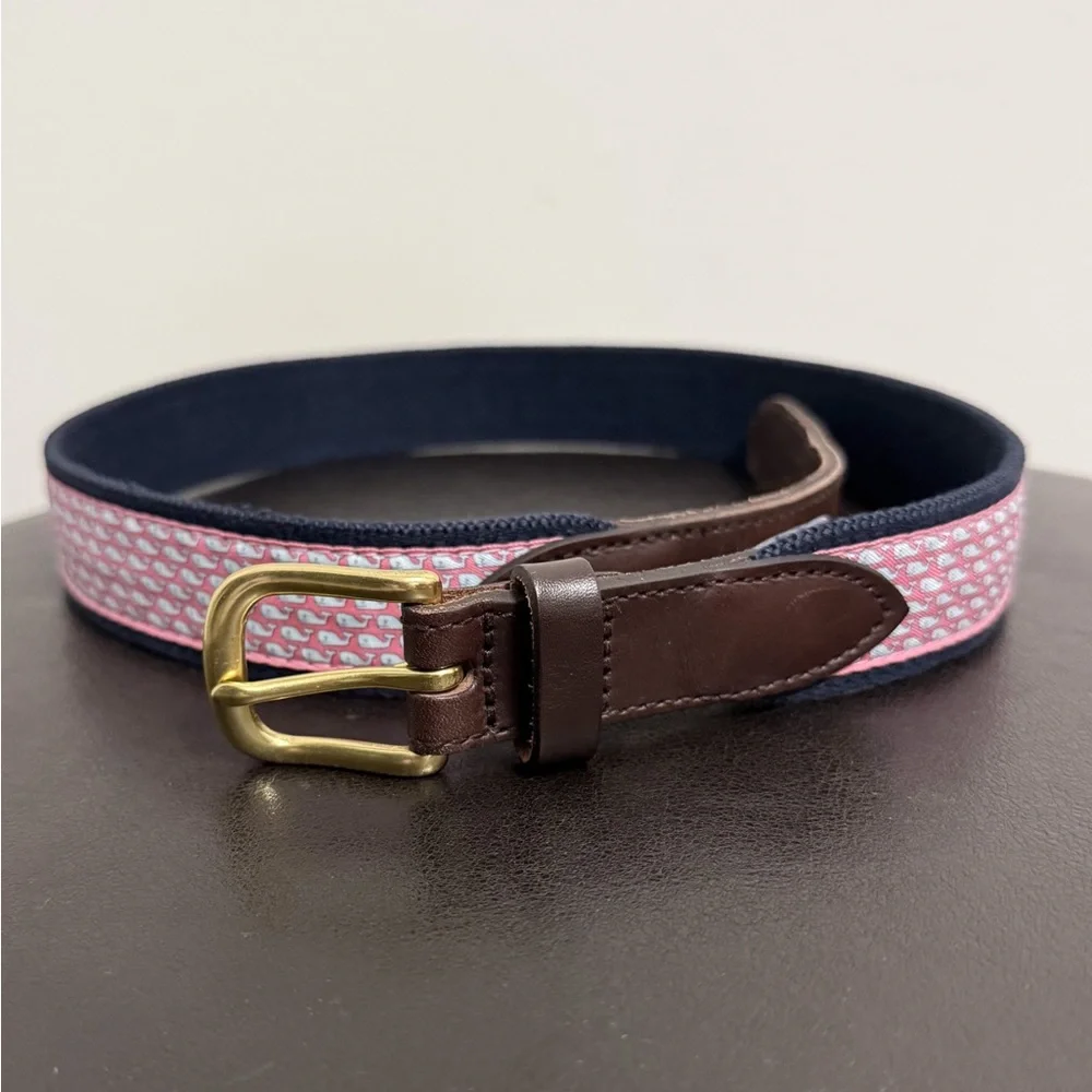 Vineyard Vines Pink Blue Whales Canvas Club Silk Leather Brass Belt Boys 30